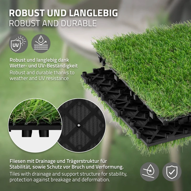 Kunstrasen Fliesen 30x30 cm, 33 Stück=3m², Grasoptik Bodenbelag mit Klicksystem und Drainage ML-Design