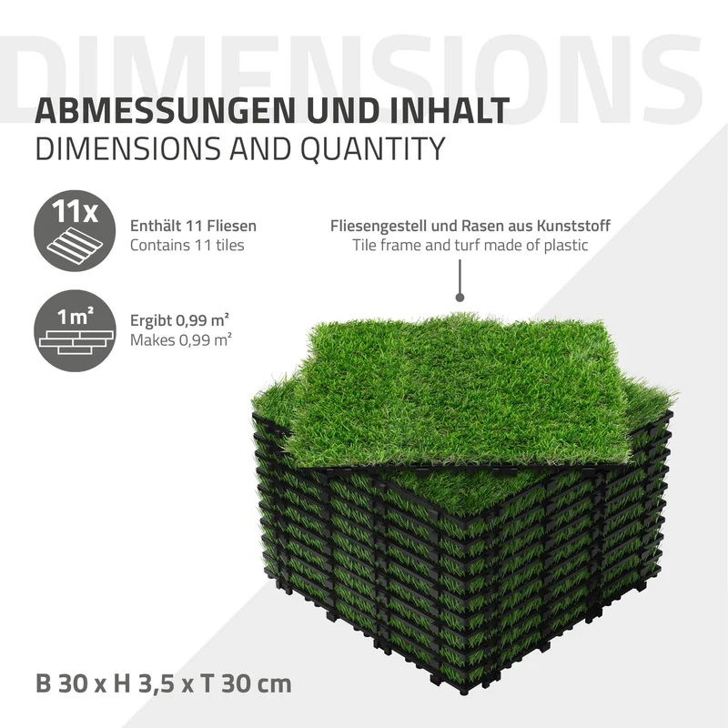 Kunstrasen Fliesen 30x30 cm, 11 Stück=1m², Grasoptik Bodenbelag mit Klicksystem und Drainage ML-Design