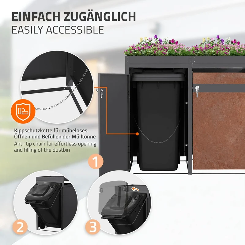 Mülltonnenbox mit Pflanzdach 4er bis 240L 264x80x124 cm aus Stahl in Rostoptik ML-Design