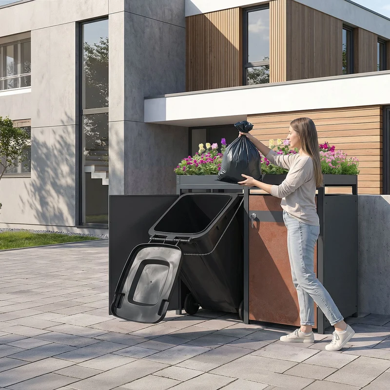 Mülltonnenbox mit Pflanzdach 4er bis 240L 264x80x124 cm aus Stahl in Rostoptik ML-Design