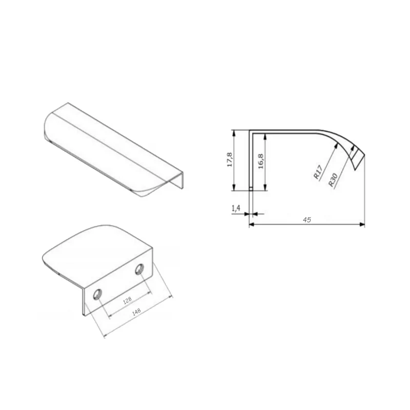 Griffleiste Kantengriff Rund 128mm (148mm Gesamtlänge) - Aluminium