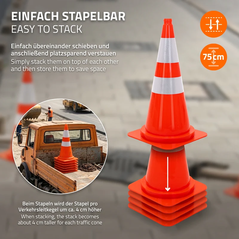 ECD Germany | Pylonen 10er Set groß mit 2 reflektierenden Streifen 75 cm aus PE Orange Verkehrskegel Leitkegel Warnkegel Absperrkegel Verkehrshütchen