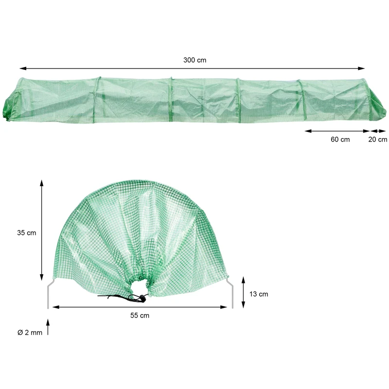ECD Germany | Folientunnel mit 6 Gewölbter Stahldraht Ø 2mm, 300x55x35 cm, Transparent/Grün aus PE-Gitterfolie 135 g/m²