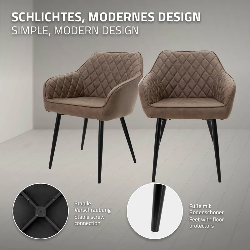 Esszimmerstuhl 2er Set Rauten Steppung Braun Kunstlederbezug mit Metallbeinen & Armlehne inkl. Montagematerial ML-Design