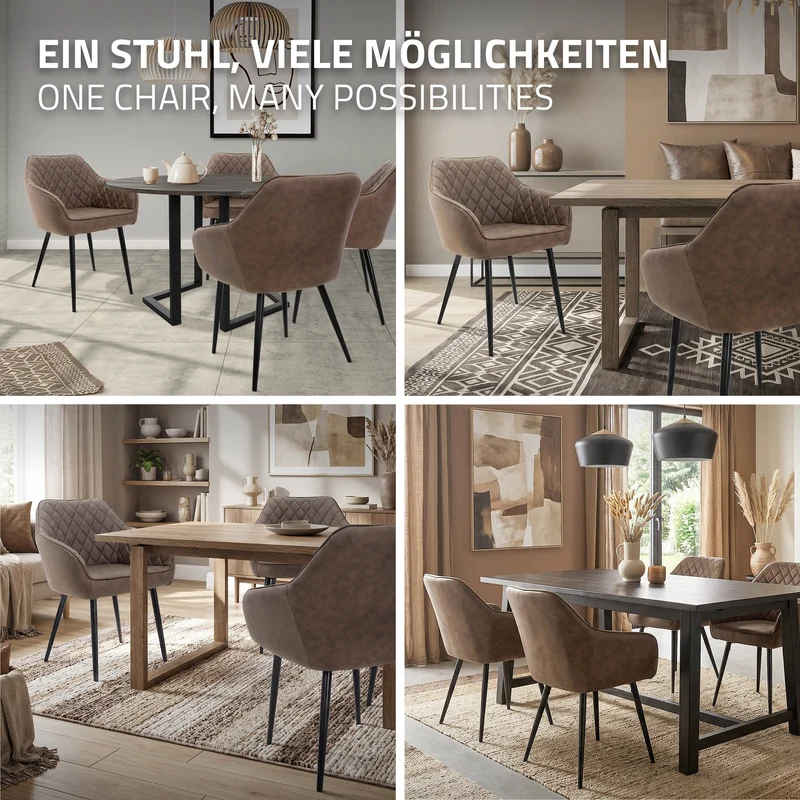 Esszimmerstuhl 2er Set Rauten Steppung Braun Kunstlederbezug mit Metallbeinen & Armlehne inkl. Montagematerial ML-Design