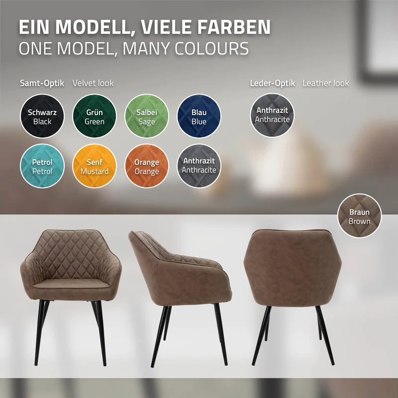 Esszimmerstuhl 2er Set Rauten Steppung Braun Kunstlederbezug mit Metallbeinen & Armlehne inkl. Montagematerial ML-Design