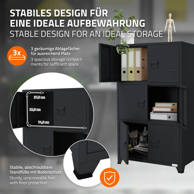 Büroschrank mit drei Ebenen Magnetverschluss 75x40x120 cm Anthrazit aus Stahl ML-Design