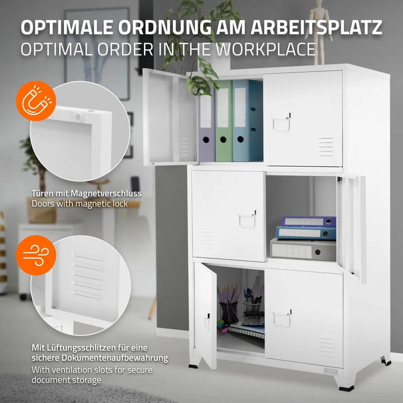 Büroschrank mit drei Ebenen Magnetverschluss 75x40x120 cm Weiß aus Stahl ML-Design