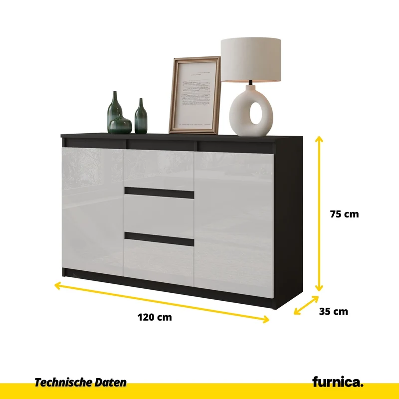 MIKEL - Kommode / Sideboard mit 3 Schubladen und 2 Türen - Anthrazit Grau / Weiß Gloss H75cm B120cm T35cm