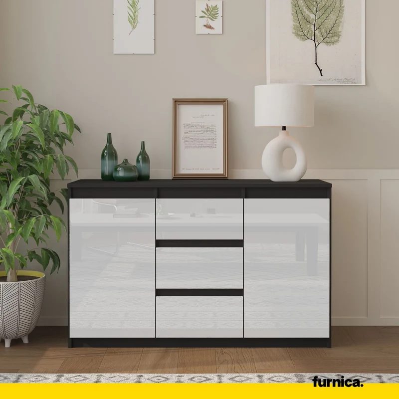 MIKEL - Kommode / Sideboard mit 3 Schubladen und 2 Türen - Anthrazit Grau / Weiß Gloss H75cm B120cm T35cm