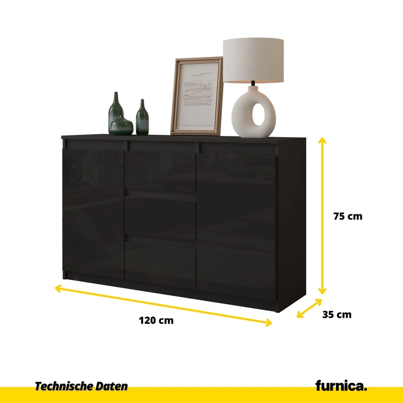 MIKEL - Kommode / Sideboard mit 3 Schubladen und 2 Türen - Anthrazit Grau / Schwarz Gloss H75cm B120cm T35cm