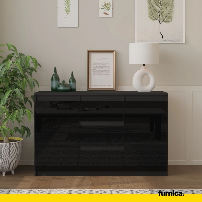 MIKEL - Kommode / Sideboard mit 3 Schubladen und 2 Türen - Anthrazit Grau / Schwarz Gloss H75cm B120cm T35cm