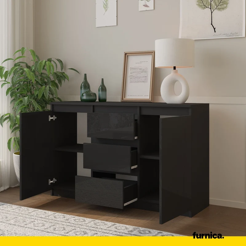 MIKEL - Kommode / Sideboard mit 3 Schubladen und 2 Türen - Anthrazit Grau / Schwarz Gloss H75cm B120cm T35cm