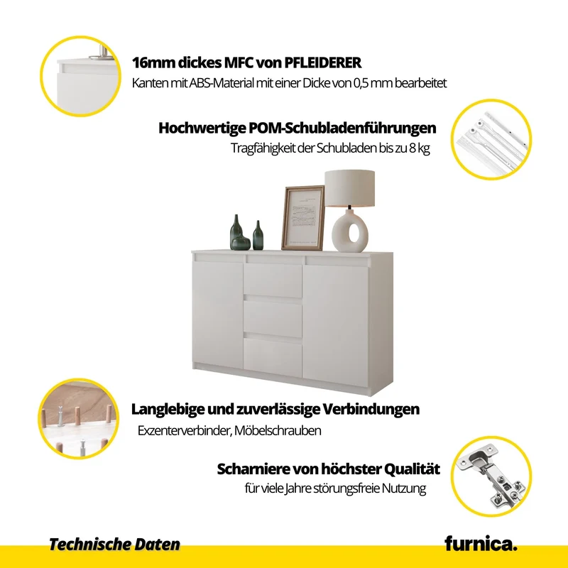 MIKEL - Kommode / Sideboard mit 3 Schubladen und 2 Türen - Anthrazit Grau / Schwarz Gloss H75cm B120cm T35cm