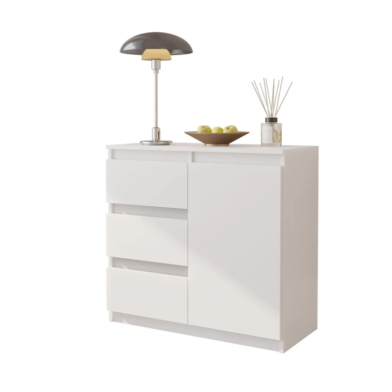 MIKEL - Kommode / Sideboard mit 3 Schubladen und 1 Tür - Weiß Matt H75cm B80cm T35cm