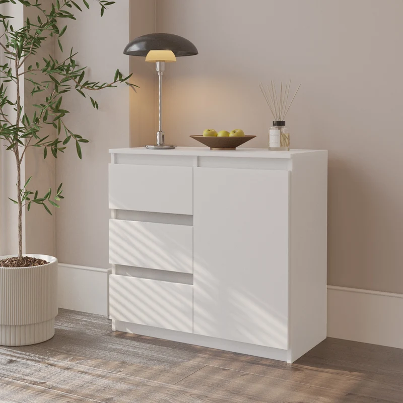 MIKEL - Kommode / Sideboard mit 3 Schubladen und 1 Tür - Weiß Matt H75cm B80cm T35cm