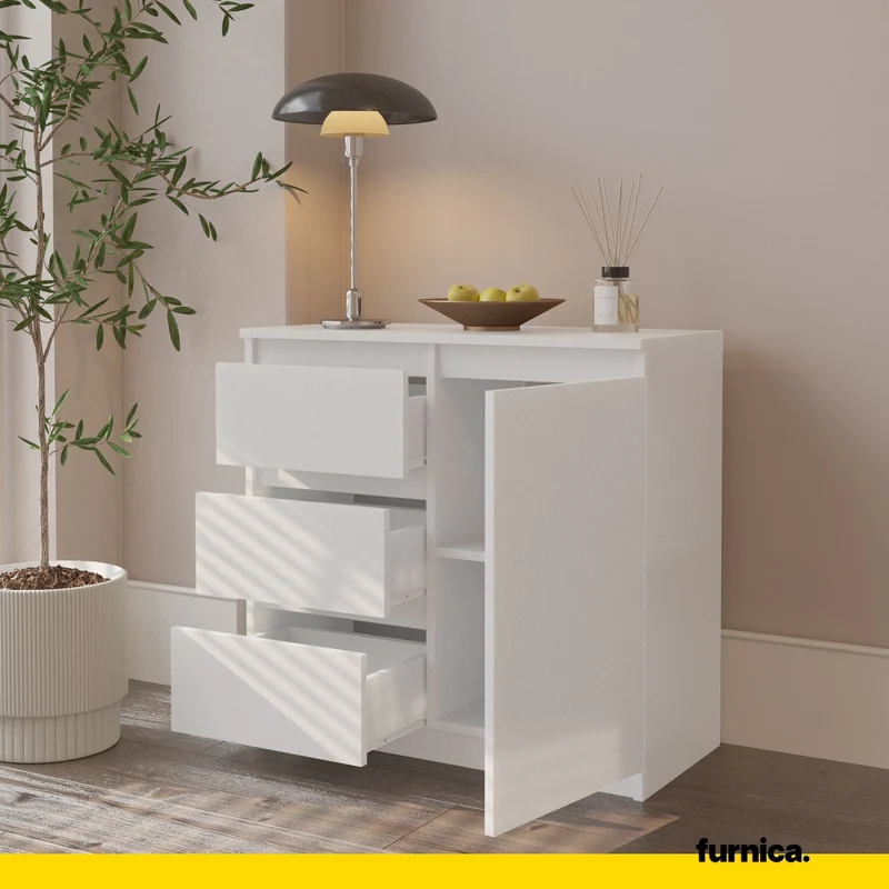 MIKEL - Kommode / Sideboard mit 3 Schubladen und 1 Tür - Weiß Matt H75cm B80cm T35cm