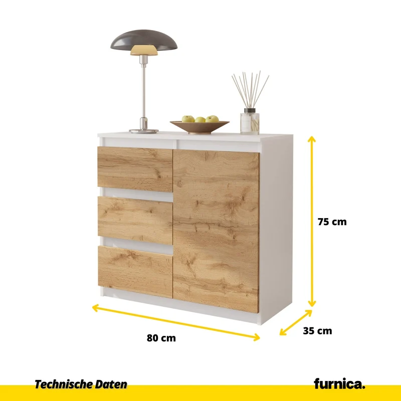 MIKEL - Kommode / Sideboard mit 3 Schubladen und 1 Tür - Weiß Matt / Wotan Eiche H75cm B80cm T35cm