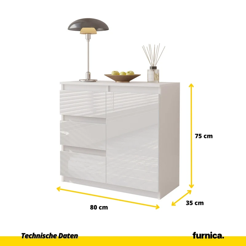 MIKEL - Kommode / Sideboard mit 3 Schubladen und 1 Tür - Weiß Matt / Weiß Gloss H75cm B80cm T35cm