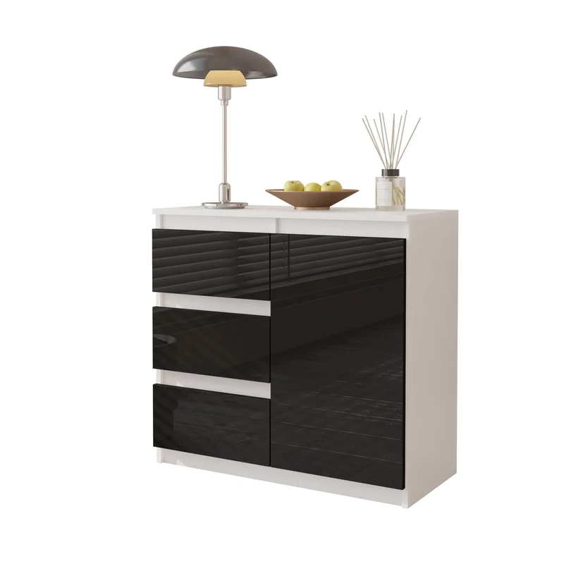 MIKEL - Kommode / Sideboard mit 3 Schubladen und 1 Tür - Weiß Matt / Schwarz Gloss H75cm B80cm T35cm