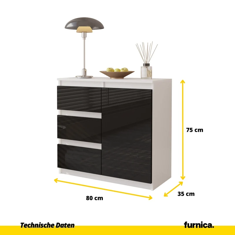 MIKEL - Kommode / Sideboard mit 3 Schubladen und 1 Tür - Weiß Matt / Schwarz Gloss H75cm B80cm T35cm