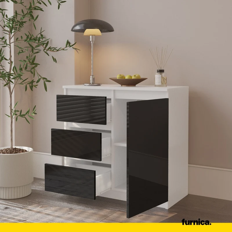 MIKEL - Kommode / Sideboard mit 3 Schubladen und 1 Tür - Weiß Matt / Schwarz Gloss H75cm B80cm T35cm
