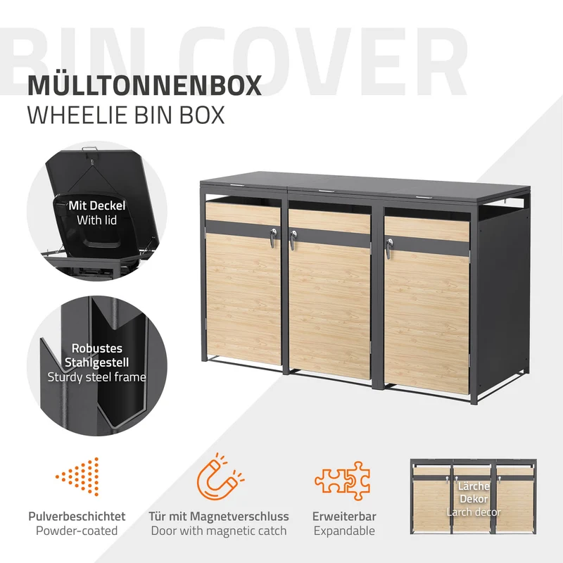 Mülltonnenbox 3er bis 240L 200x80x120 cm aus Stahl in Lärchenoptik ML-Design