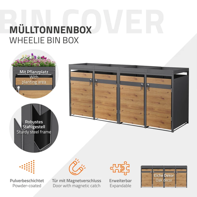 Mülltonnenbox mit Pflanzdach 4er bis 240L 264x80x124 cm aus Stahl in Eichenoptik ML-Design