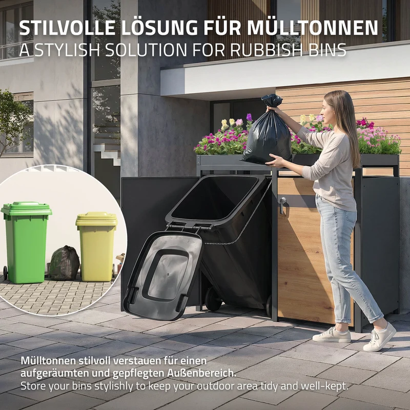 Mülltonnenbox mit Pflanzdach 4er bis 240L 264x80x124 cm aus Stahl in Eichenoptik ML-Design