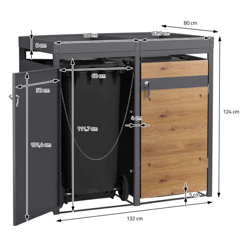 Mülltonnenbox mit Pflanzdach 4er bis 240L 264x80x124 cm aus Stahl in Eichenoptik ML-Design