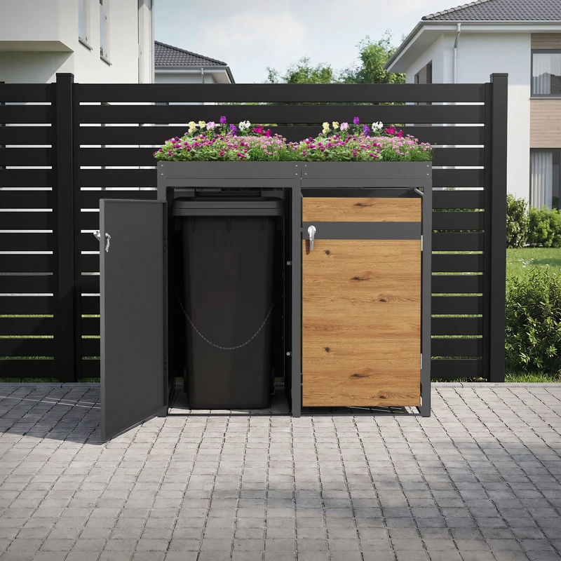 Mülltonnenbox mit Pflanzdach 4er bis 240L 264x80x124 cm aus Stahl in Eichenoptik ML-Design