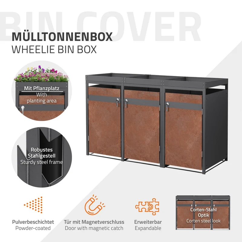 Mülltonnenbox mit Pflanzdach 3er bis 240L 200x80x124 cm aus Stahl in Rostoptik ML-Design