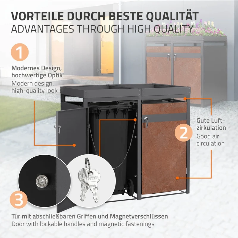 Mülltonnenbox mit Pflanzdach 3er bis 240L 200x80x124 cm aus Stahl in Rostoptik ML-Design