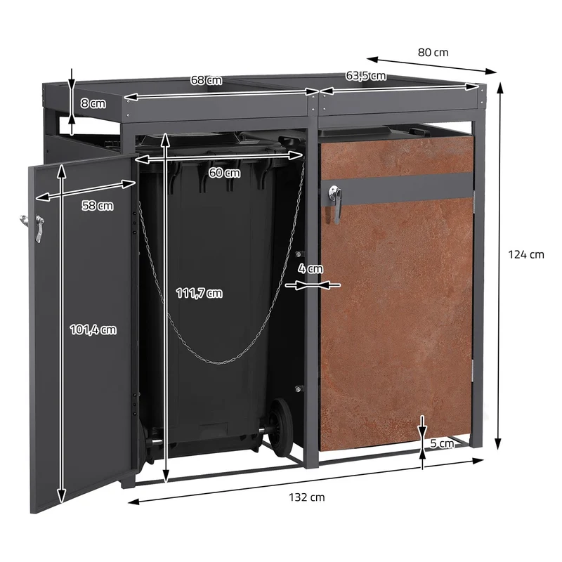 Mülltonnenbox mit Pflanzdach 3er bis 240L 200x80x124 cm aus Stahl in Rostoptik ML-Design