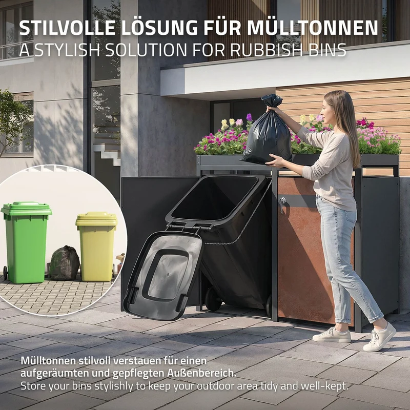 Mülltonnenbox mit Pflanzdach 2er bis 240L 132x80x124 cm aus Stahl in Rostoptik ML-Design