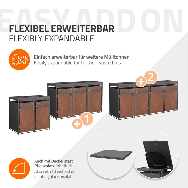Mülltonnenbox mit Pflanzdach 2er bis 240L 132x80x124 cm aus Stahl in Rostoptik ML-Design