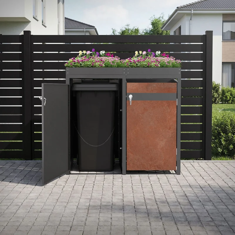 Mülltonnenbox mit Pflanzdach 2er bis 240L 132x80x124 cm aus Stahl in Rostoptik ML-Design