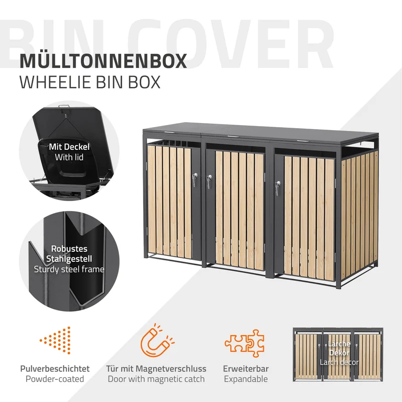 Mülltonnenbox 3er bis 240L 200x80x120 cm aus Stahl in Lärchenoptik ML-Design