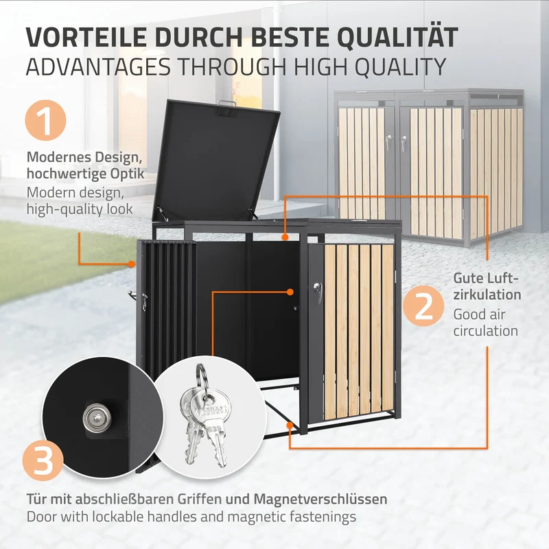 Mülltonnenbox 4er bis 240L 264x80x120 cm aus Stahl in Lärchenoptik ML-Design