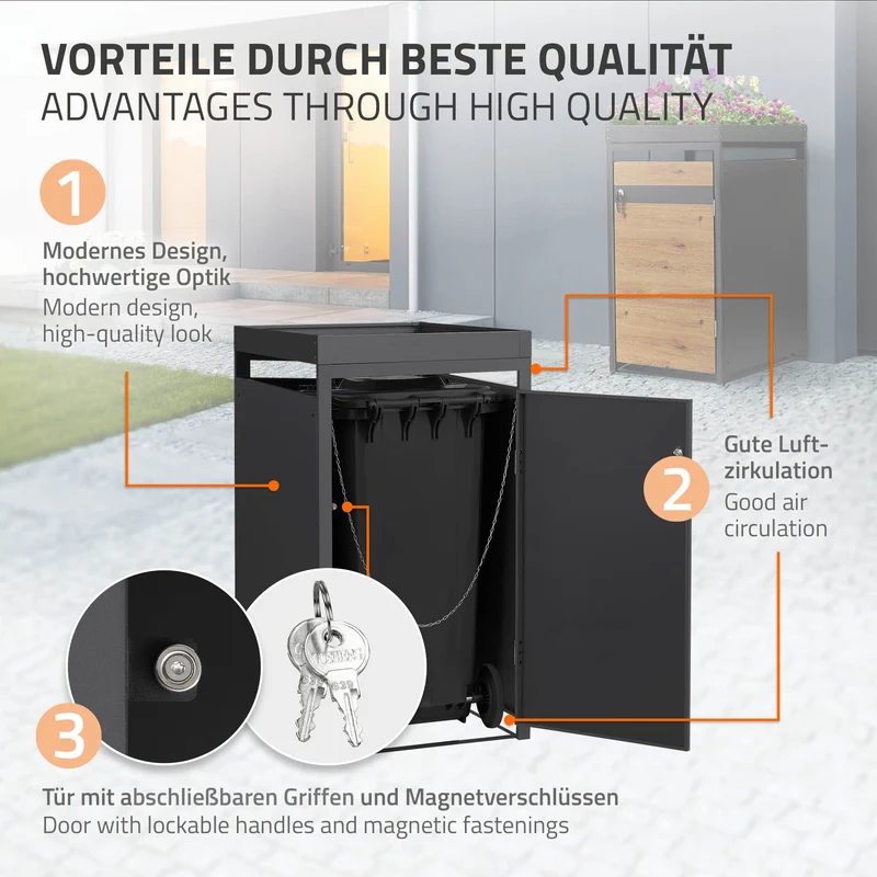 Mülltonnenbox mit Pflanzdach 1er bis 240L 68x80x124 cm aus Stahl in Eichenoptik ML-Design