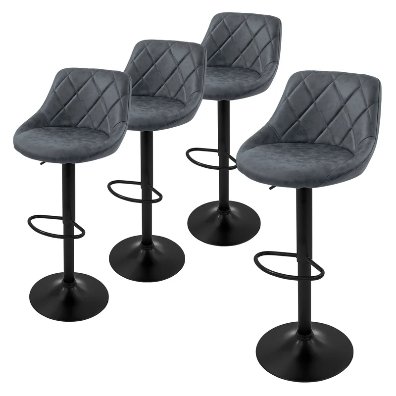 4er Set Barhocker Anthrazit Kunstlederbezug mit Rückenlehne und Fußstütze höhenverstellbar 62-82 cm ML-Design