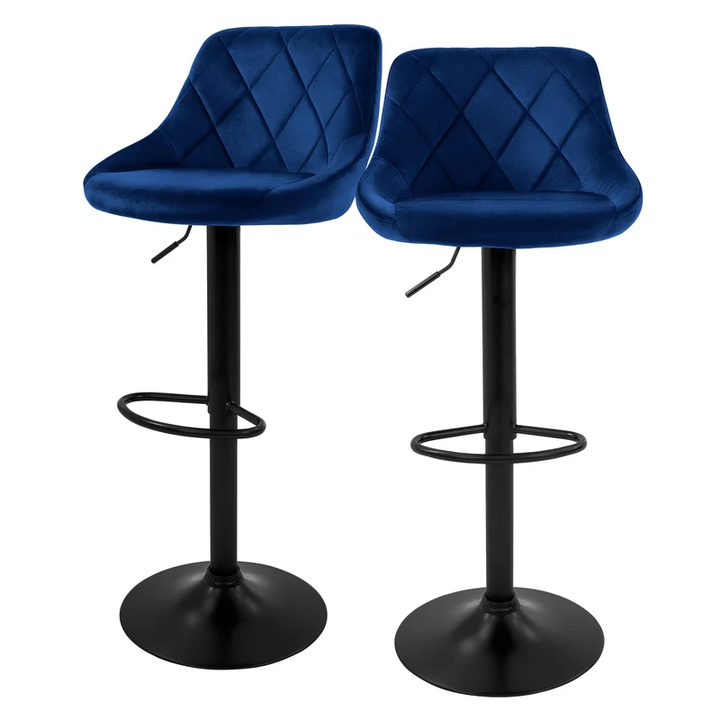 Barhocker 2er Set Blau Samtbezug mit Rückenlehne und Fußstütze höhenverstellbar 62-82cm ML-Design
