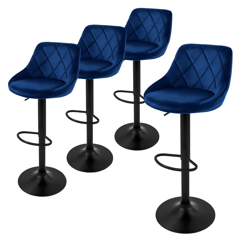 4er Set Barhocker Blau Samtbezug mit Rückenlehne und Fußstütze höhenverstellbar 62-82cm ML-Design