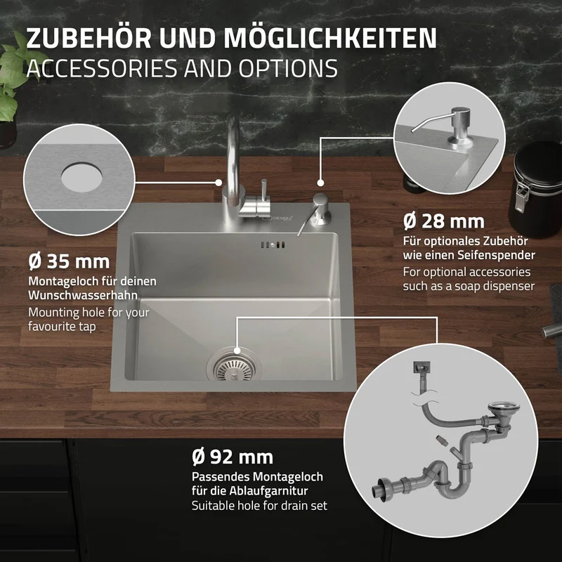 Einbauspülbecken mit Ablaufgarnitur aus Edelstahl in verschiedenen Farben und Größen