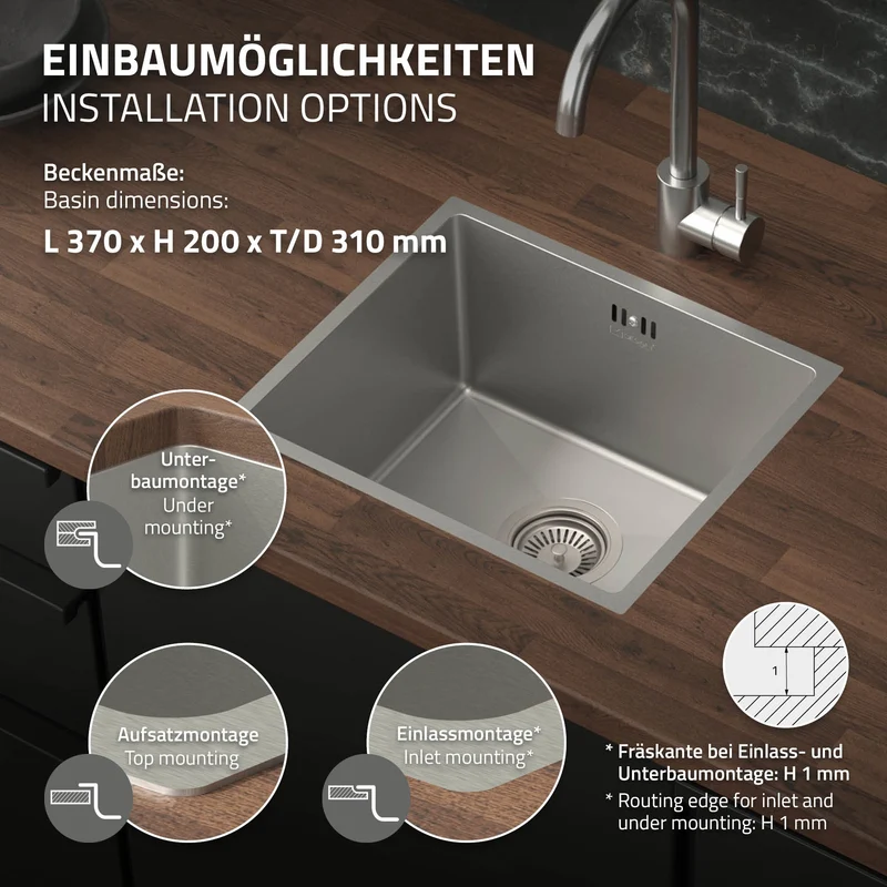 Einbauspülbecken mit Ablaufgarnitur aus Edelstahl in verschiedenen Farben und Größen