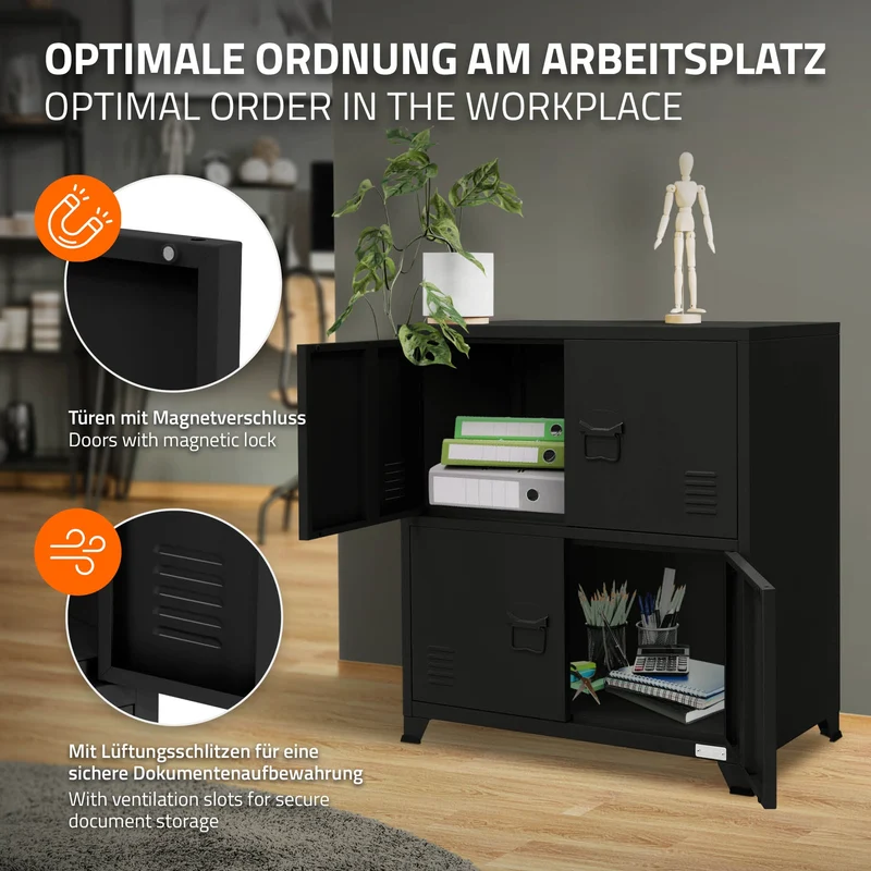 Büroschrank mit zwei Ebenen Magnetverschluss 75x40x80,5 cm Schwarz aus Stahl ML-Design