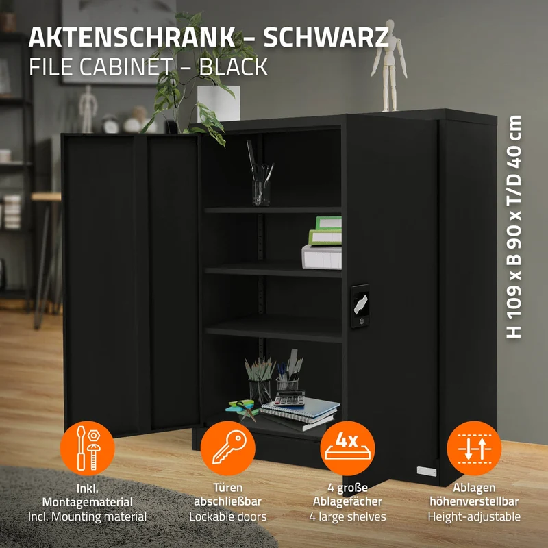 Aktenschrank abschließbar 90x40x109 cm Schwarz aus Stahl ML-Design