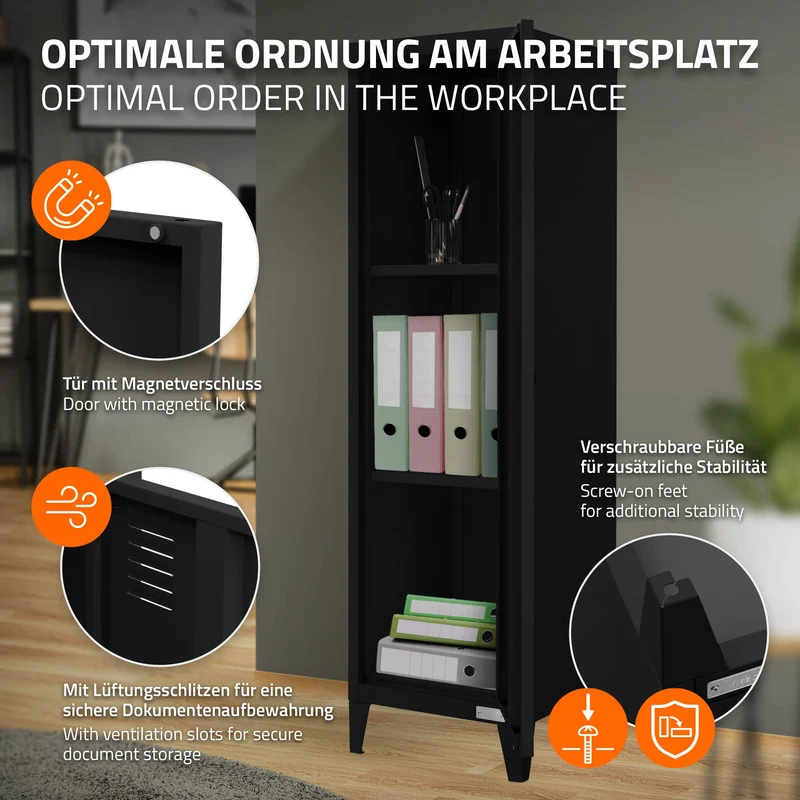 Aktenschrank Spindschrank 1-türig 38x38x137,5 cm Schwarz aus Stahl ML-Design