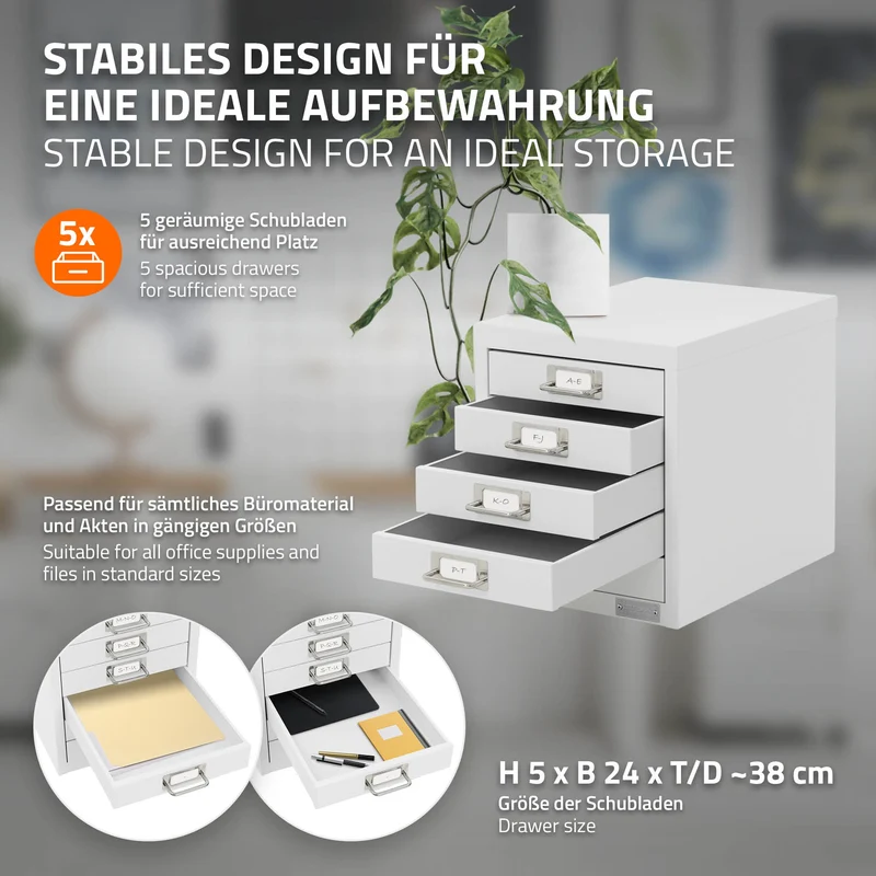 Aktenschrank mit 5 Schubladen 28x38x33 cm Weiß aus Metall ML-Design