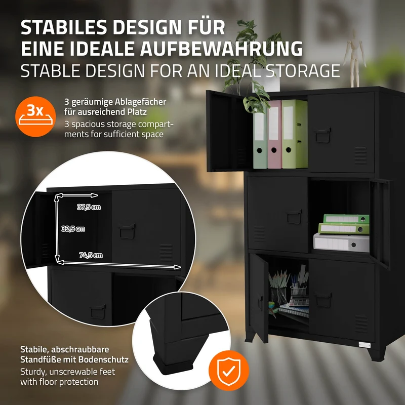 Büroschrank mit drei Ebenen Magnetverschluss 75x40x120 cm Schwarz aus Stahl ML-Design